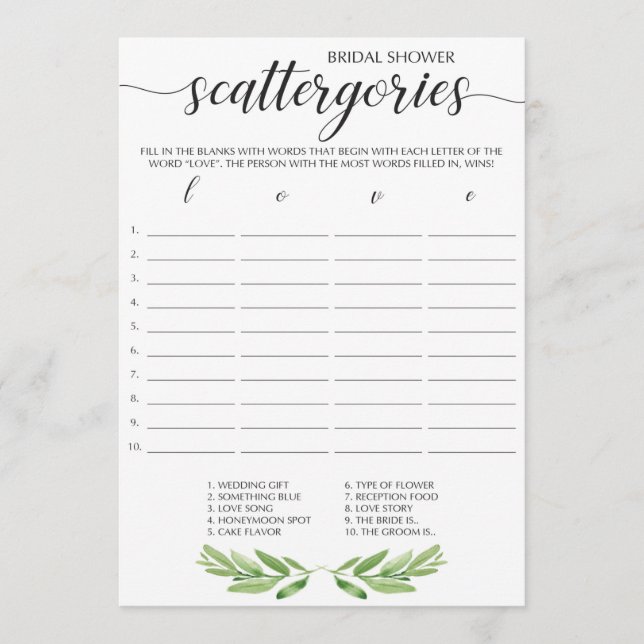 Waterverf Green Leaf Bridal Scattergories Game (Voorkant)