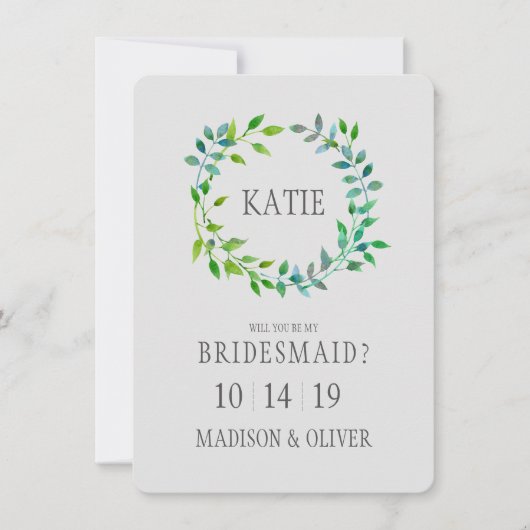 Waterverf Green Leaf Wreath | Bridesmaid Kaart (Voorkant)
