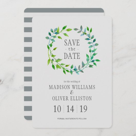 Waterverf Green Leaf Wreath | Datum opslaan Save The Date (Voorkant / Achterkant)