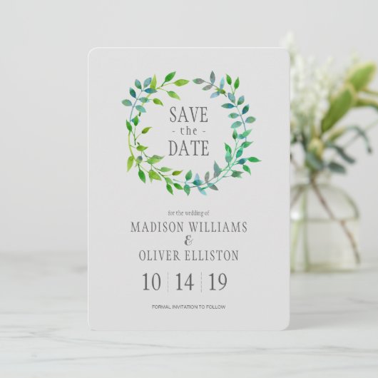 Waterverf Green Leaf Wreath | Datum opslaan Save The Date (Staand voorkant)