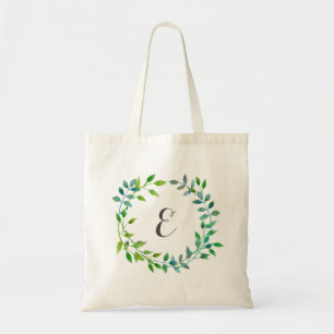 Waterverf Green Leaf Wreath Monogram Tote Bag