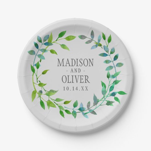 Waterverf Green Leaf Wreath | Weddenschap Papieren Bordje (Voorkant)