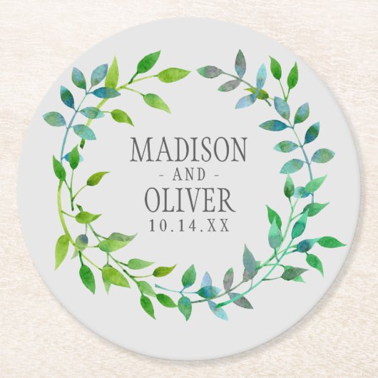 Waterverf Green Leaf Wreath | Weddenschap Ronde Kartonnen Onderzetter (Voorkant)