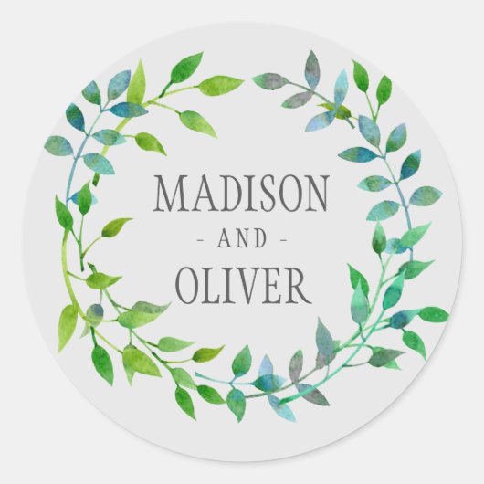 Waterverf Green Leaf Wreath | Weddenschap Ronde Sticker (Voorkant)