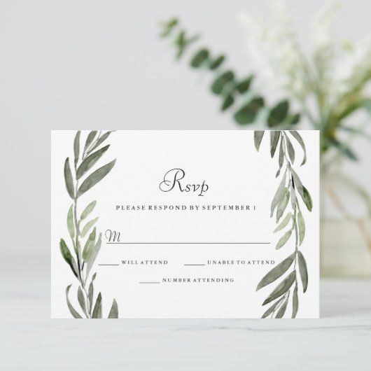 Waterverf Green Leaf Wreath Wedding RSVP (Staand voorkant)