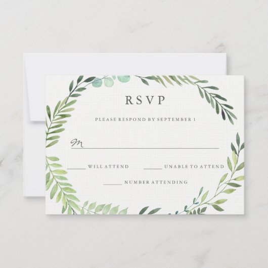 Waterverf Green Leaf Wreath Wedding RSVP Kaartje (Voorkant)