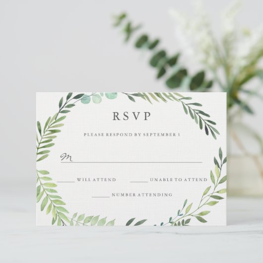 Waterverf Green Leaf Wreath Wedding RSVP Kaartje (Staand voorkant)