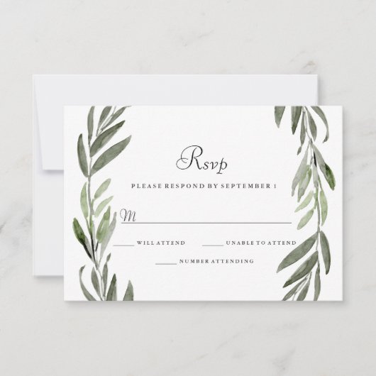 Waterverf Green Leaf Wreath Wedding RSVP Kaartje (Voorkant)