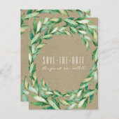 Waterverf Green Leaves Rustic Kraft Bewaar de datu Aankondigingskaart (Voorkant / Achterkant)