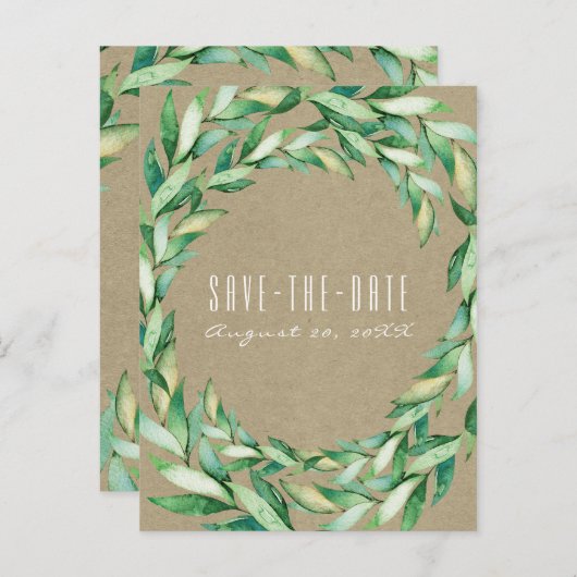 Waterverf Green Leaves Rustic Kraft Bewaar de datu Aankondigingskaart (Voorkant / Achterkant)