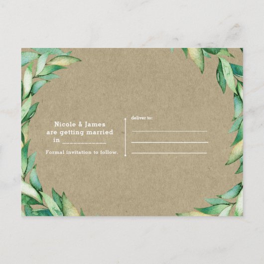 Waterverf Green Leaves Rustic Kraft Bewaar de datu Aankondigingskaart (Achterkant)
