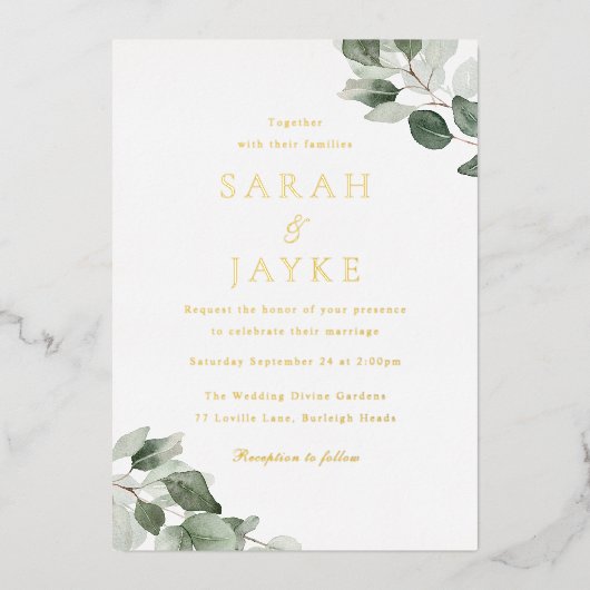 Waterverf Green Leaves Wedding Gold Folie Uitnodiging (Voorkant)