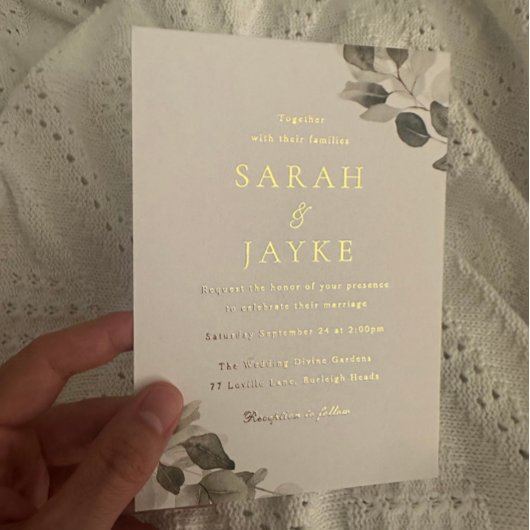 Waterverf Green Leaves Wedding Gold Folie Uitnodiging