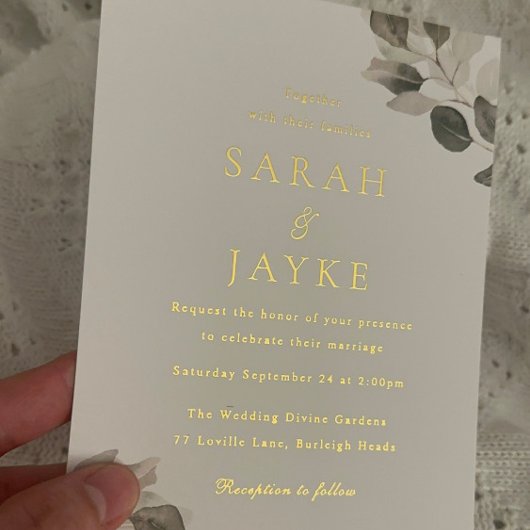 Waterverf Green Leaves Wedding Gold Folie Uitnodiging