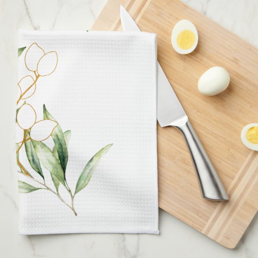 Waterverf Green Olive Branch Keukenhanddoek (Quarter Fold)
