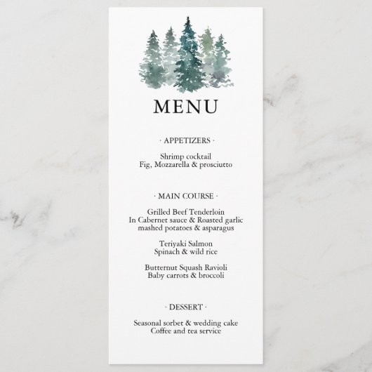 Waterverf Green Pine Spruce Trees Wedding MENU (Voorkant)