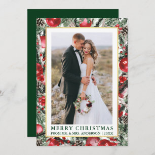 Waterverf Green Pines Ornaments Pas getrouwd Feestdagenkaart