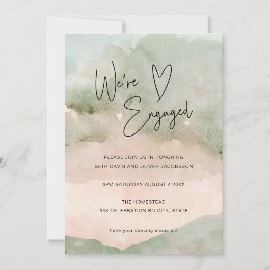 Waterverf Green Pink Heart Verloving Uitnodiging (Voorkant)