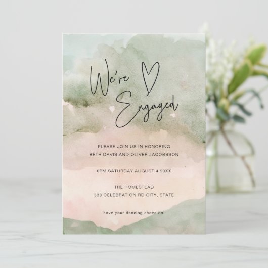 Waterverf Green Pink Heart Verloving Uitnodiging (Staand voorkant)