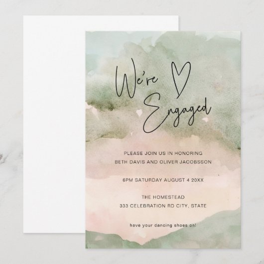 Waterverf Green Pink Heart Verloving Uitnodiging (Voorkant / Achterkant)