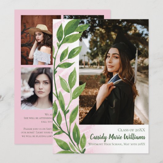 Waterverf Green Pink Ivy Plant Afstuderen Kaart (Voorkant / Achterkant)