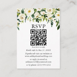 Waterverf Green White Floral QR Wedding RSVP Informatiekaartje