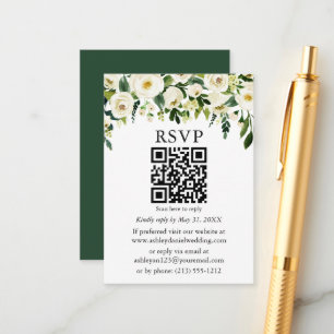 Waterverf Green White Floral QR Wedding RSVP Informatiekaartje