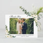 Waterverf Green White Floral Wedding Foto Bedankkaart (Staand voorkant)