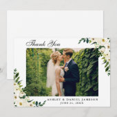 Waterverf Green White Floral Wedding Foto Bedankkaart (Voorkant / Achterkant)