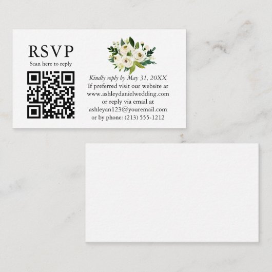 Waterverf Green White Floral Wedding QR RSVP Informatiekaartje (Voorkant / Achterkant)