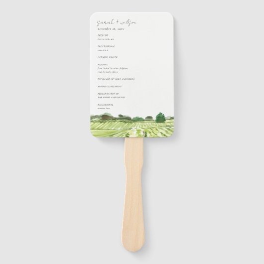 Waterverf Green Winery Vineyard Wedding Programme Handwaaier (Voorkant)