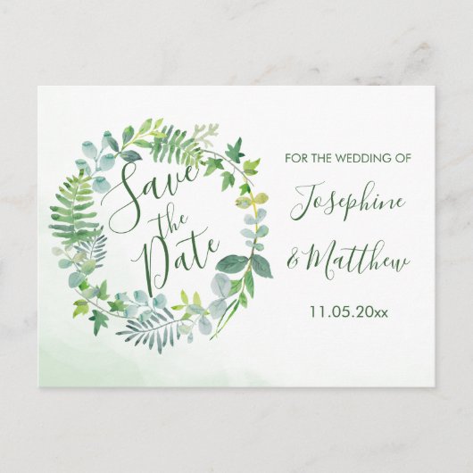 Waterverf Green Wreath Save the Date Aankondigingskaart (Voorkant)