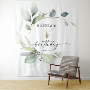 Waterverf Greenery 1st Birthday Backdrop Wandkleed