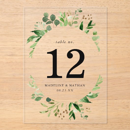 Waterverf Greenery Acryl Trouwtafel Nummer Acryl Uitnodigingen (Voorkant)