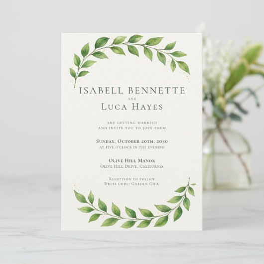Waterverf Greenery Arch Wedding Invitation Kaart (Staand voorkant)