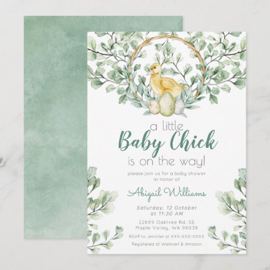 Waterverf Greenery Baby Chick Baby shower Kaart (Voorkant / Achterkant)