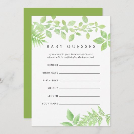 Waterverf Greenery Baby shower Baby Guesses Kaart (Voorkant / Achterkant)