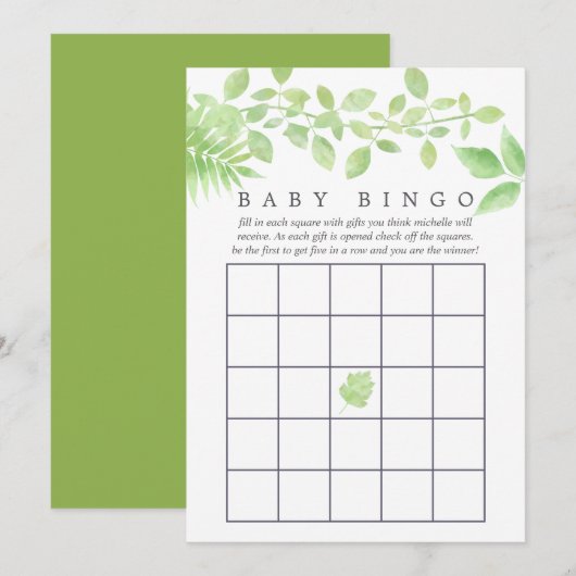 Waterverf Greenery Baby shower Bingo Kaart (Voorkant / Achterkant)