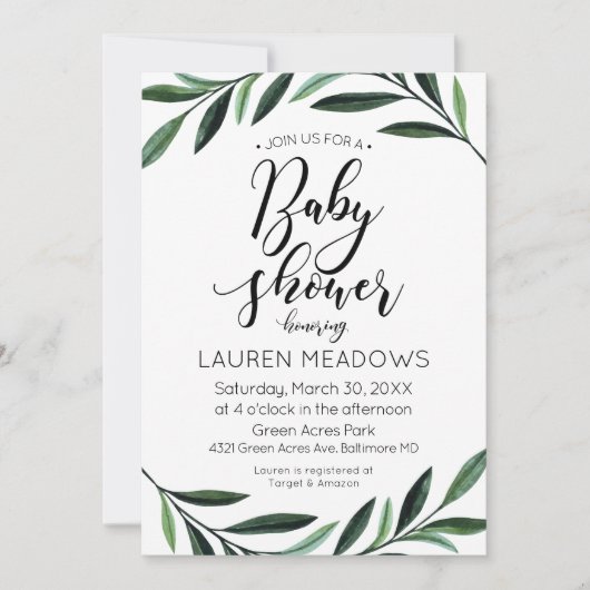 Waterverf Greenery Baby shower Invitation Kaart (Voorkant)