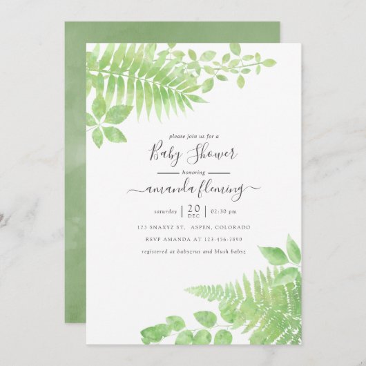 Waterverf Greenery Baby shower Invitation Kaart (Voorkant / Achterkant)