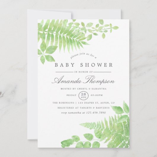 Waterverf Greenery Baby shower Invitation Kaart (Voorkant)