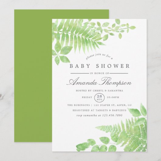 Waterverf Greenery Baby shower Invitation Kaart (Voorkant / Achterkant)