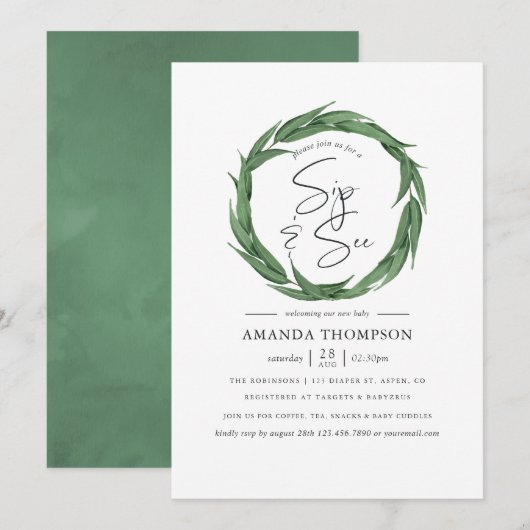 Waterverf Greenery Baby Sip en Zie Kaart (Voorkant / Achterkant)