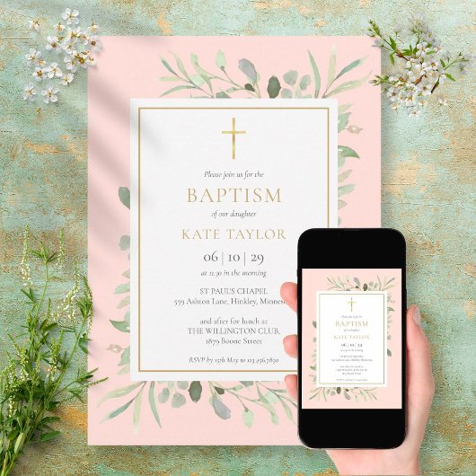 Waterverf Greenery Baptism Christening Blush Pink Kaart