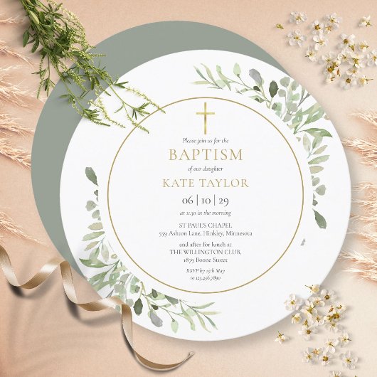Waterverf Greenery Baptism Christening Circular Kaart