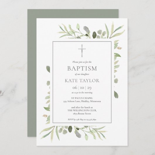 Waterverf Greenery Baptism Christening Kaart (Voorkant / Achterkant)