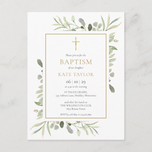 Waterverf Greenery Baptism Christening Uitnodiging Briefkaart (Voorkant)
