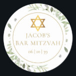 Waterverf Greenery Bat Bar Mitzvah Ronde Sticker<br><div class="desc">Deze chique bar of bat mitswa-sticker is voorzien van delicate waterverf bladeren en een elegante gouden Davidster en kan worden gepersonaliseerd met uw speciale evenementeninformatie. Ontworpen door Thisnotme©</div>