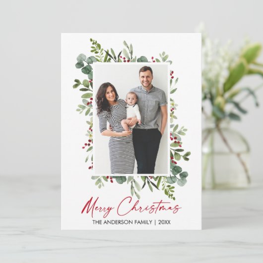 Waterverf Greenery Berries Calligrafie Red Ink Feestdagenkaart (Staand voorkant)