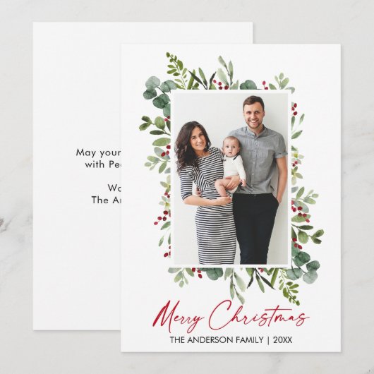 Waterverf Greenery Berries Calligrafie Red Ink Feestdagenkaart (Voorkant / Achterkant)